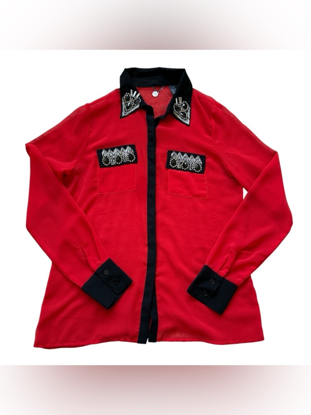 BKE Boutique Red Embellished Western Blouse Small Rhinestone Studded Shirt Rodeo